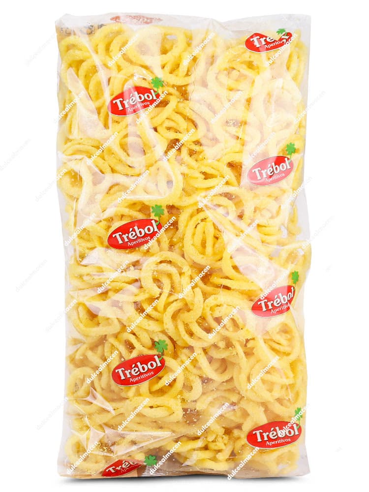 Bolsa de 400 gramos de aros de cereal con sabor a cebolla de la marca La Madrileña gama Trébol aperitivos - Dulcealmacen