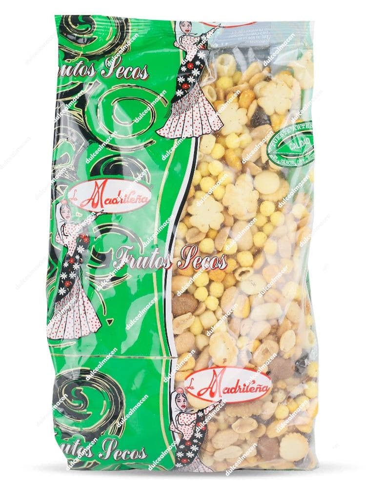 Bolsa de 800 gramos de cóctel de frutos secos variados de la marca La Madrileña con diseño verde y ventana transparente - Dulcealmacen