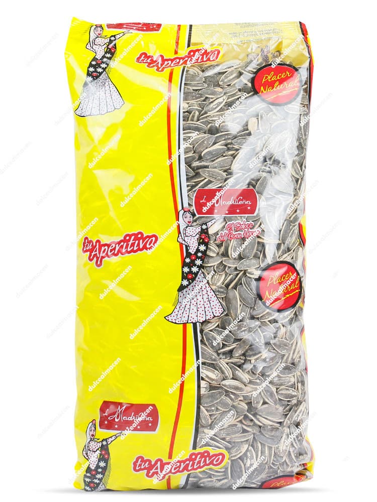 Bolsa de 1 kg de pipas de girasol tostadas aguasal de la marca La Madrileña gama tu Aperitivo con diseño amarillo y ventana transparente - Dulcealmacen