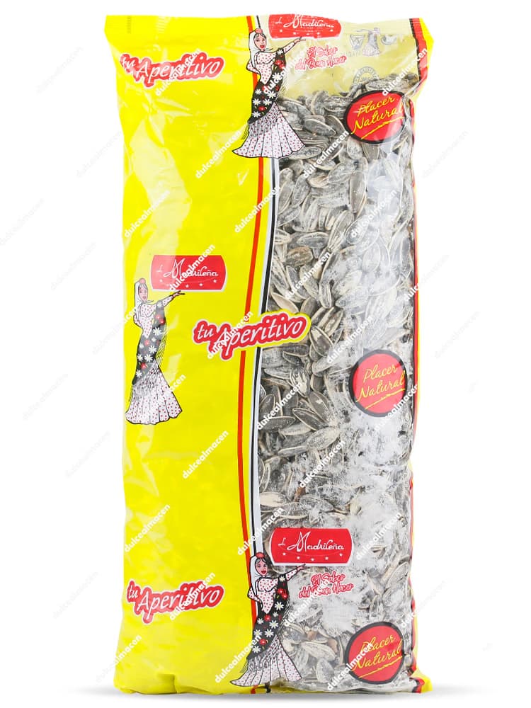 Bolsa de 1 kg de pipas de girasol tostadas con sal de la marca La Madrileña gama tu Aperitivo con diseño amarillo y ventana transparente - Dulcealmacen