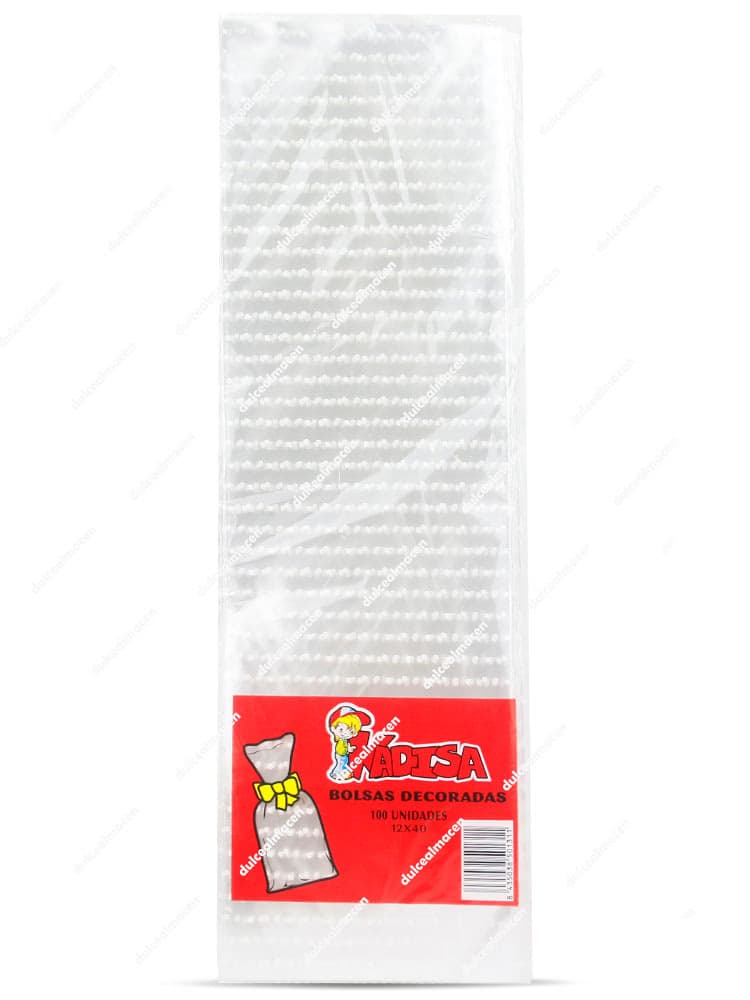 Paquete de bolsa Kadisa cristal puntos blancos 12 x 40 100 uds transparentes con lunares decorativos y etiqueta roja de la marca - Dulcealmacen