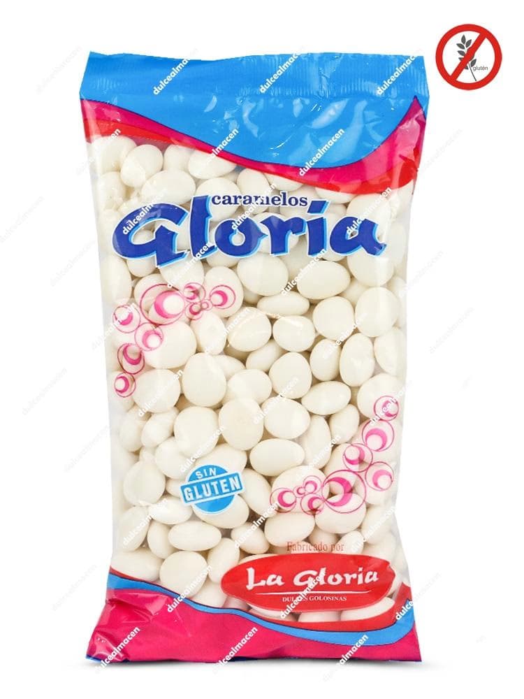 Bolsa de 1kg de Peladillas Blancas La Gloria mostrando las almendras confitadas blancas con sello de producto sin gluten - Dulcealmacen
