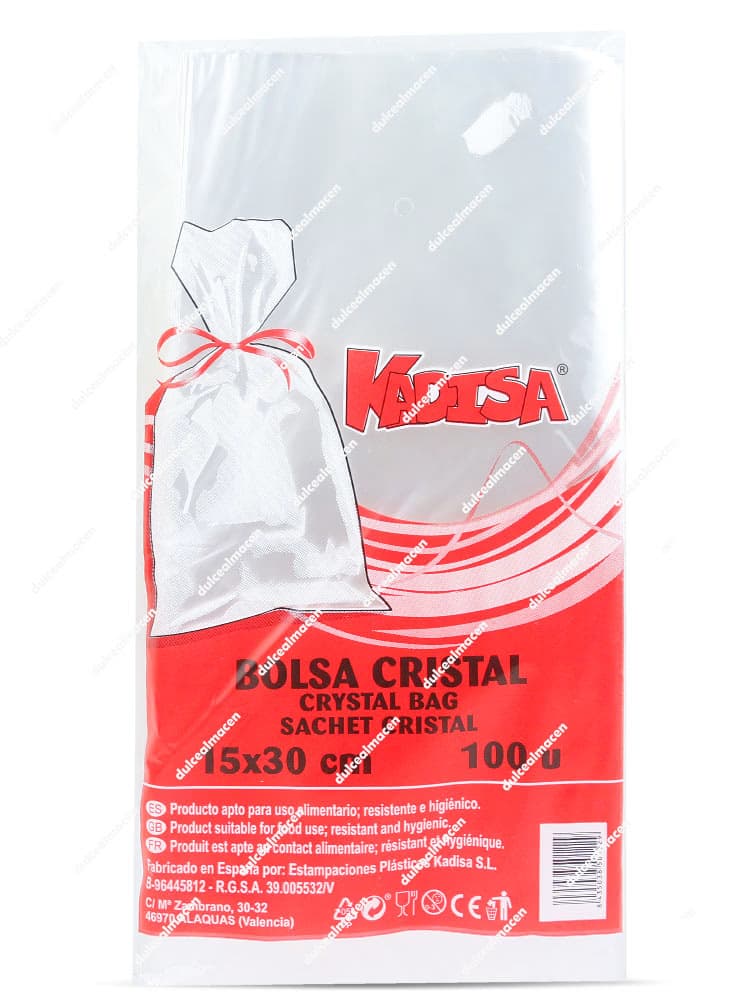 Paquete de bolsa Kadisa puntos 15x30 100 uds transparentes tipo cristal con ilustración de muestra atada con un lazo rojo - Dulcealmacen