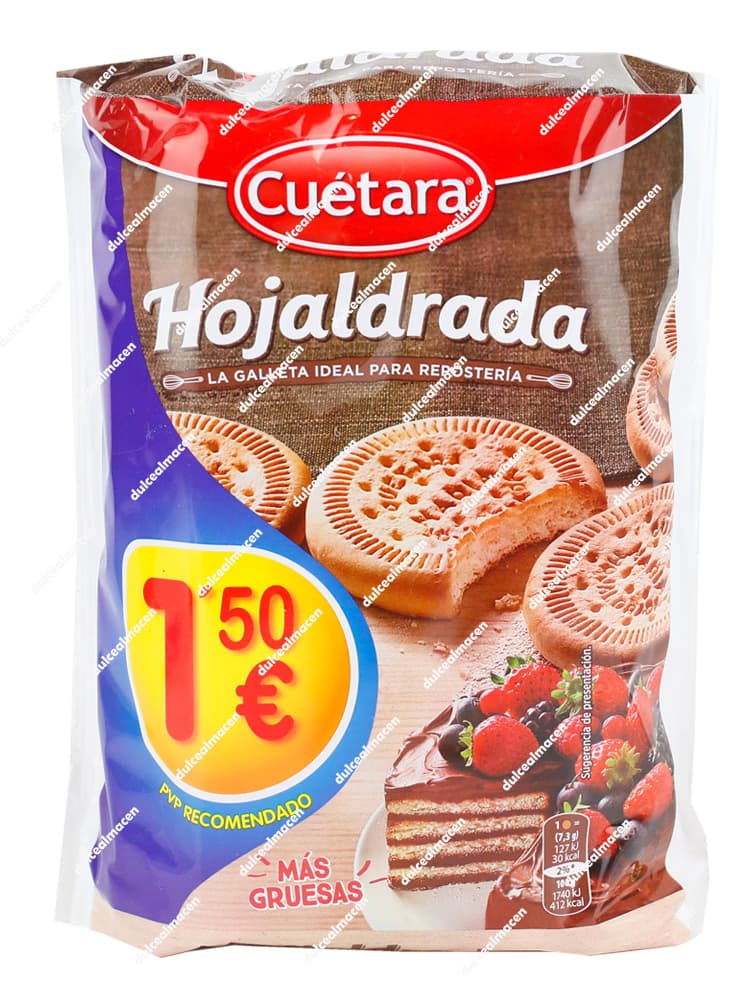 Paquete de Galletas Cuétara María Hojaldrada de 300 gramos, con diseño marrón y azul mostrando las galletas gruesas y una tarta de chocolate y fresas - Dulcealmacen