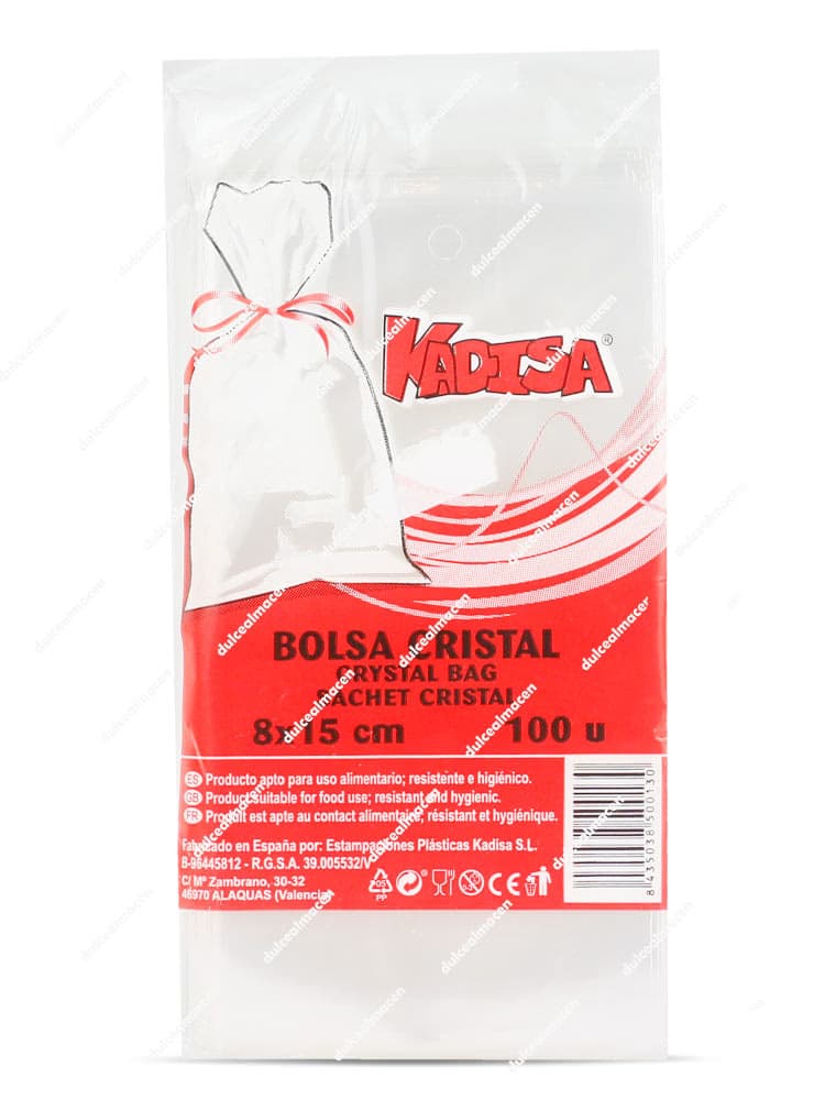 Paquete de bolsa Kadisa cristal 8x15 100 uds transparentes tipo cristal con ilustración de muestra atada con un lazo naranja - Dulcealmacen