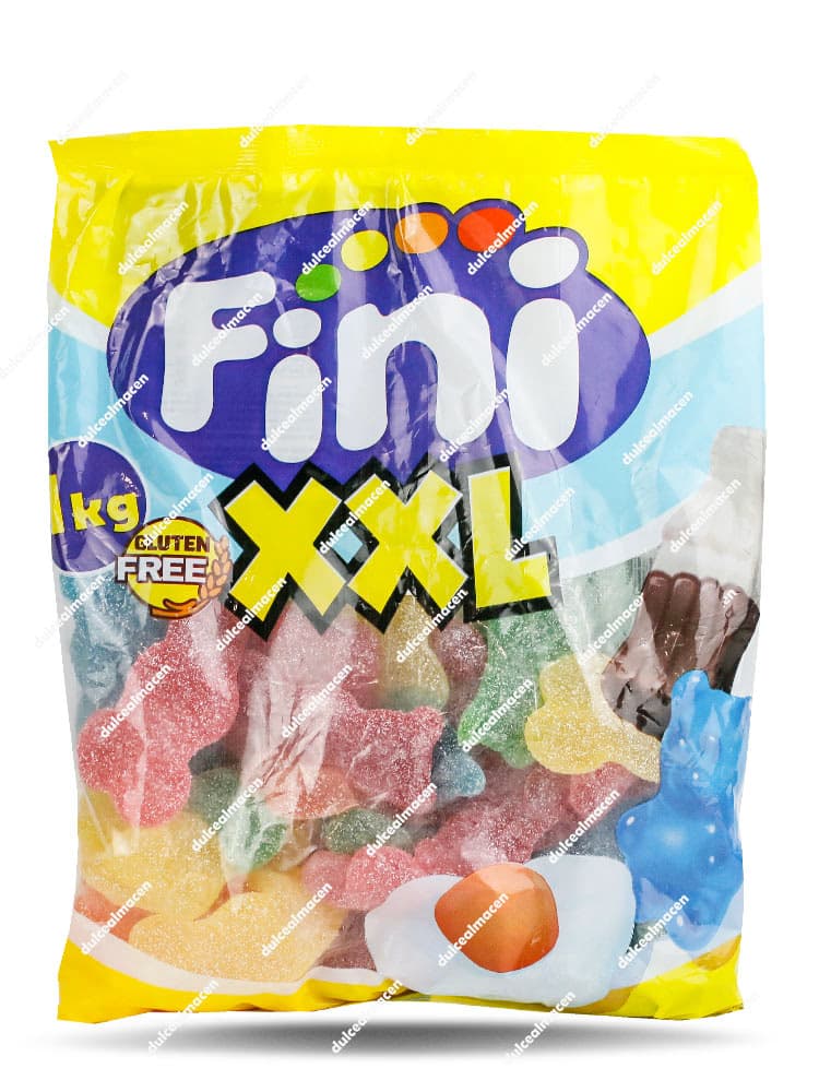 Bolsa de 1 kg de gominolas Fini Maxi Osos Pica XXL, mostrando ositos gigantes de colores con cobertura de azúcar y sello sin gluten - Dulcealmacen