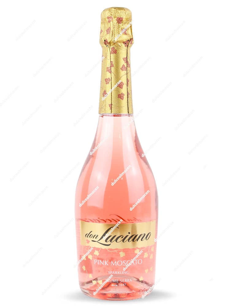 Botella de Don Luciano Pink Moscato 75 cl con cápsula dorada y vino de color rosa brillante - Dulcealmacen