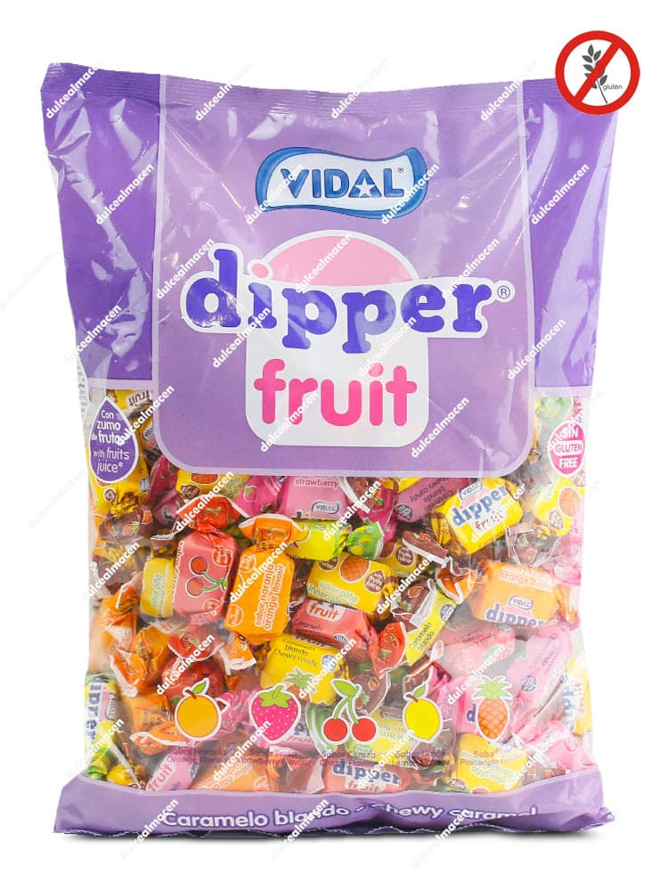 Bolsa de caramelos masticables Vidal Dipper Fruit 1 kg con envoltorios de colores surtidos sin gluten de Dulcealmacen