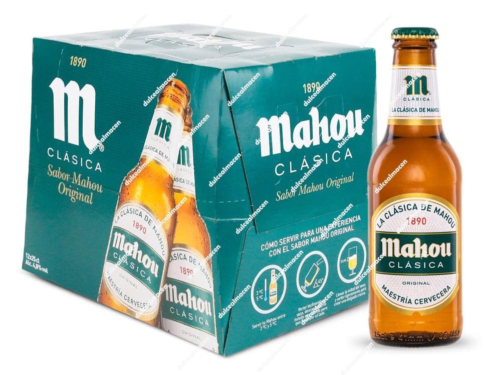 Pack de 12 botellines de cerveza Mahou Clásica botellin de 25 cl en su caja de cartón - Dulcealmacen