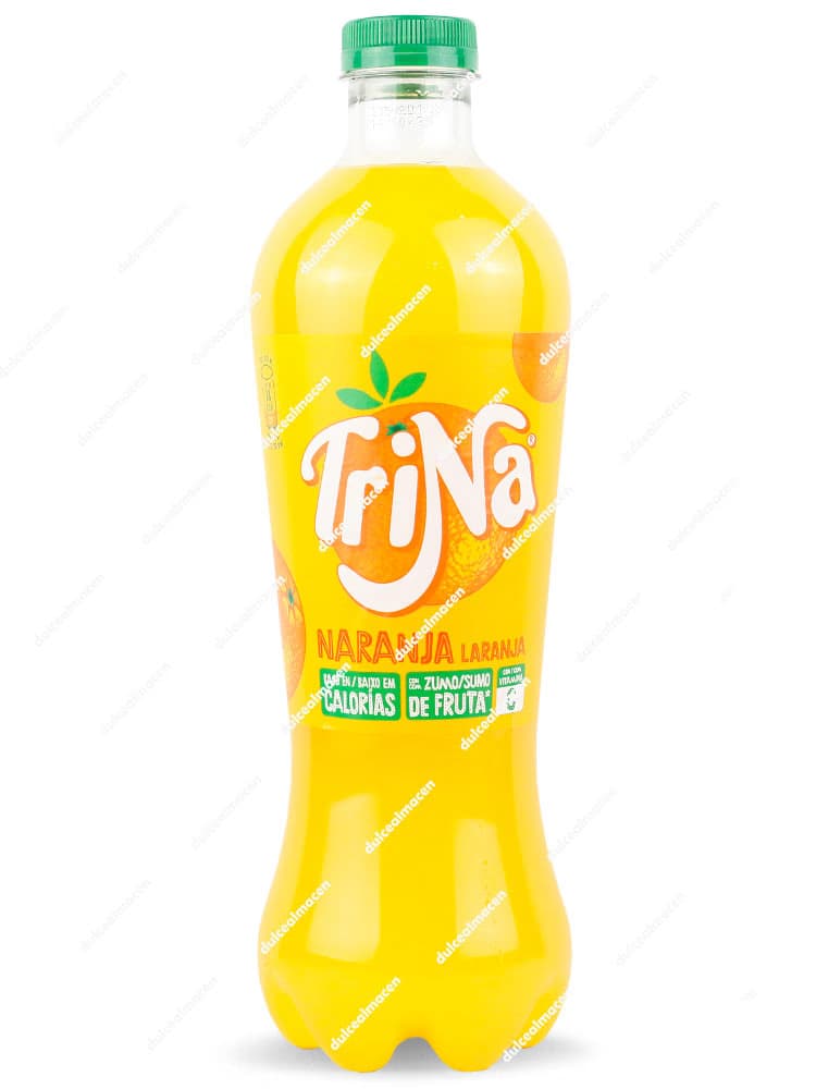 Botella de 1,5 litros de refresco Trina Naranja con etiqueta naranja brillante y logo de la marca - Dulcealmacen