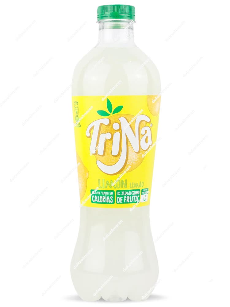 Botella de 1,5 litros de refresco Trina Limón con etiqueta amarilla brillante y logo de Trina - Dulcealmacen