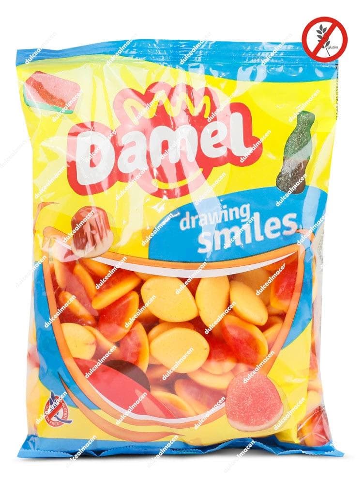 Bolsa de 1 kg de gominolas Damel Mango Relleno con ventana transparente que muestra los caramelos de goma con forma de mango y colores amarillo y rojo - Dulcealmacen