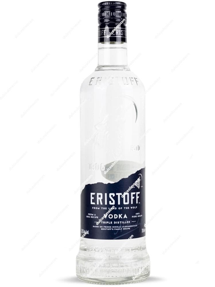 Botella de Vodka Eristoff 0,70L con etiqueta azul y logotipo del lobo aullando - Dulcealmacen