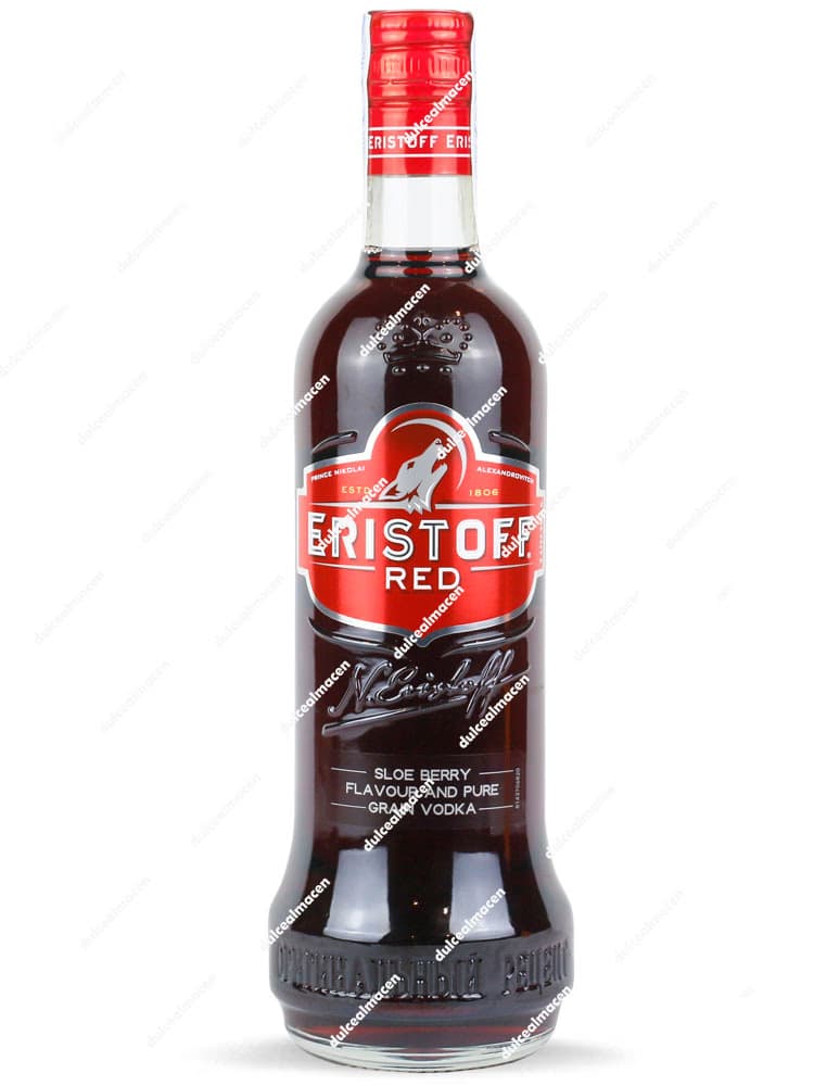 Botella de Eristoff Vodka Red 0,70 L con su característico color rojo y logo del lobo - Dulcealmacen