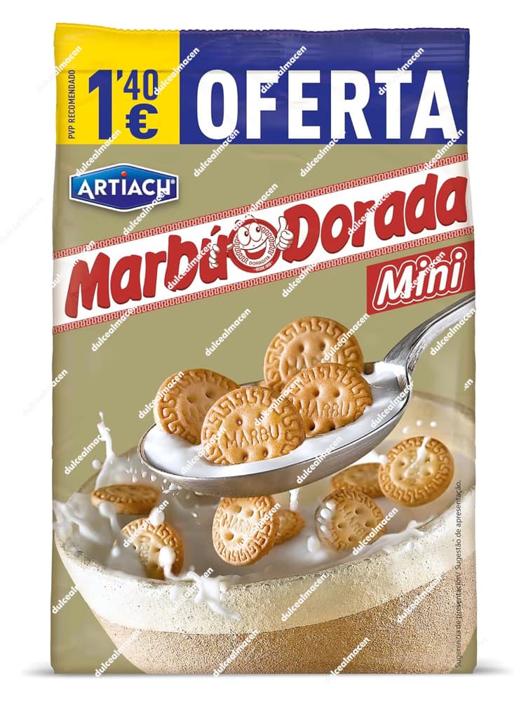 Bolsa de galletas vertical de color beige y azul de la marca Artiach Marbú Dorada Mini, mostrando la ilustración de una cuchara con galletas redondas mini saliendo de un tazón de leche, con la palabra Oferta y un precio recomendado de 1,40 euros en la parte superior izquierda - Dulcealmacen