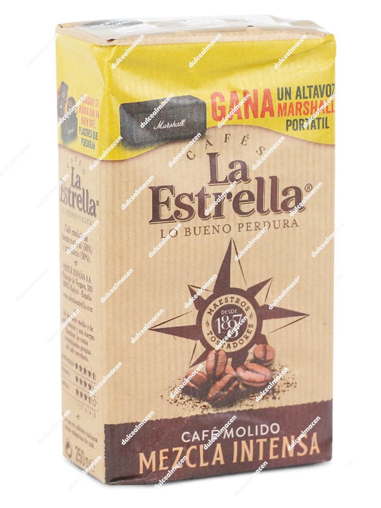 Envase de 250 g de Café Molido La Estrella Mezcla Intensa destacando el sello de Maestros Tostadores desde 1887 sobre fondo blanco en Dulcealmacen