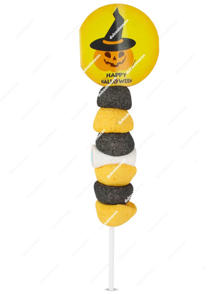 Pincho Halloween hecho a mano con nubes de azúcar negras y amarillas coronado por un diseño redondo de calabaza con sombrero de bruja - Dulcealmacen