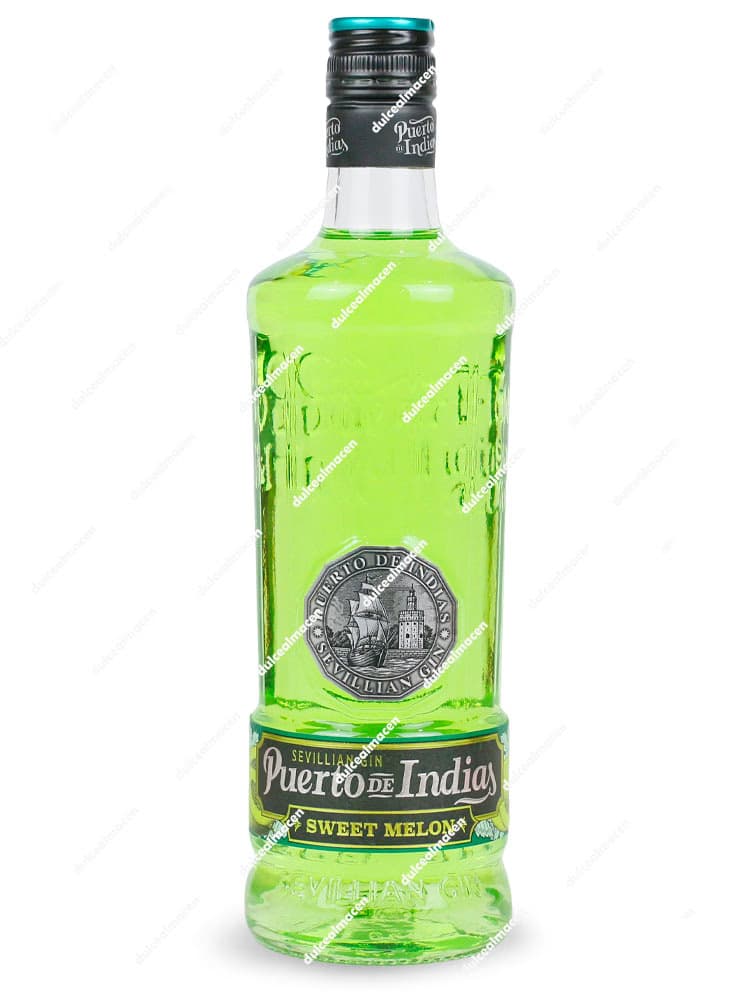 Botella de Ginebra Puerto de Indias Sweet Melon 0,70 L de color verde esmeralda con etiqueta negra y dorada - Dulcealmacen