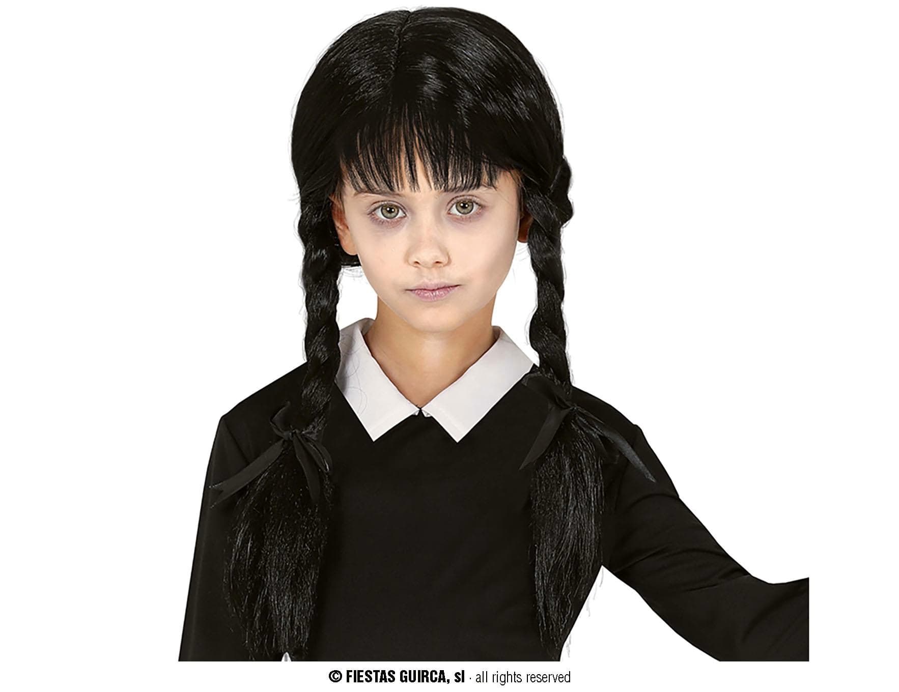 GU peluca trenzas negras con flequillo infantil, caja