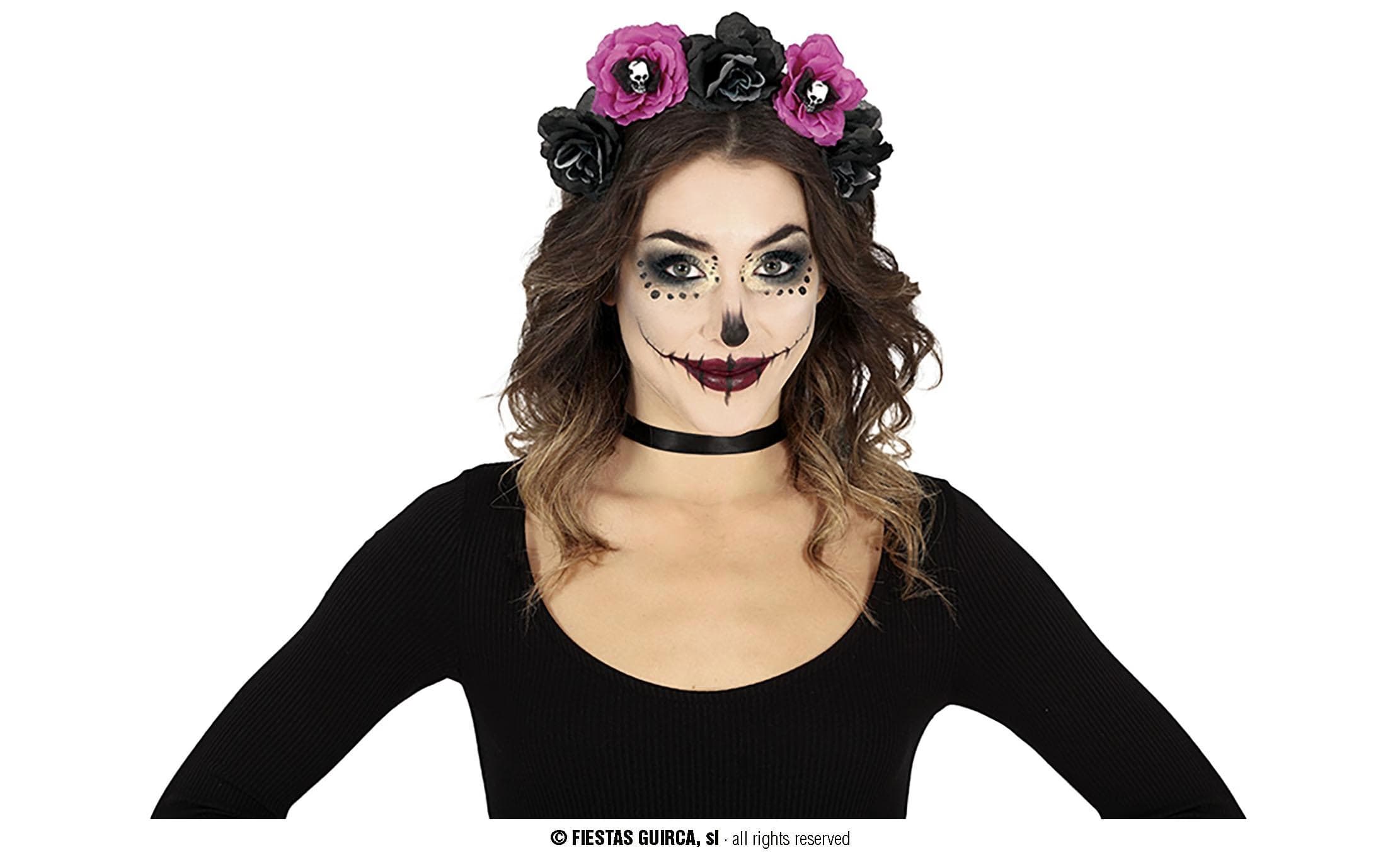 GU diadema catrina flores negras y rosas