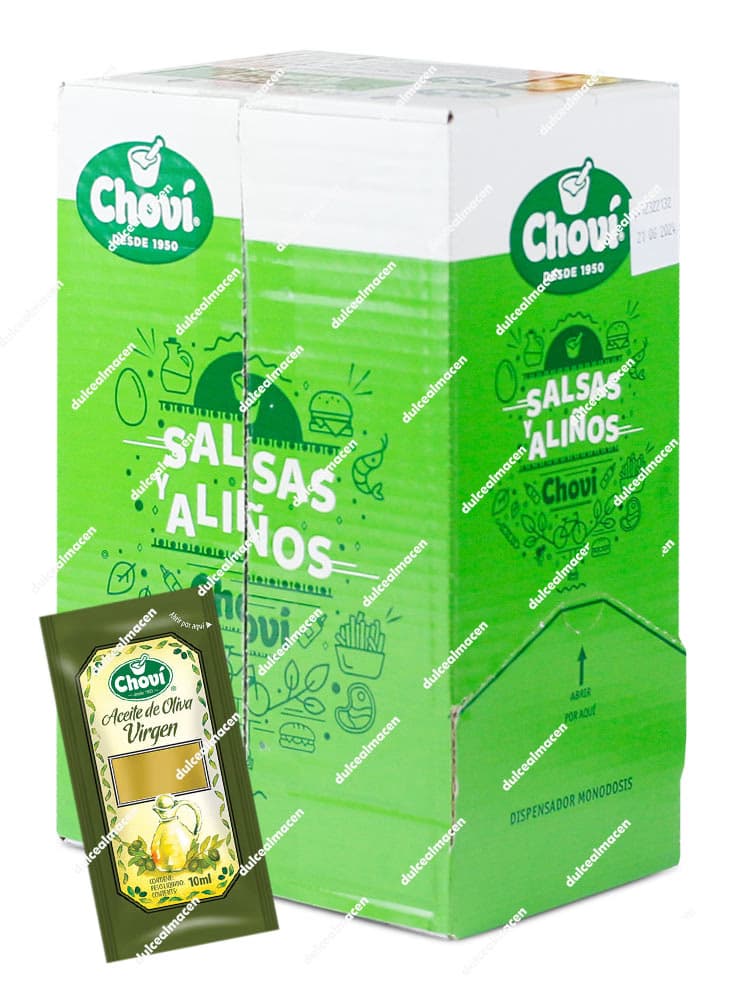 Caja dispensadora profesional con 252 sobres de 10 ml de Aceite de Oliva Virgen Choví para servicios de hostelería y aliños - Dulcealmacen