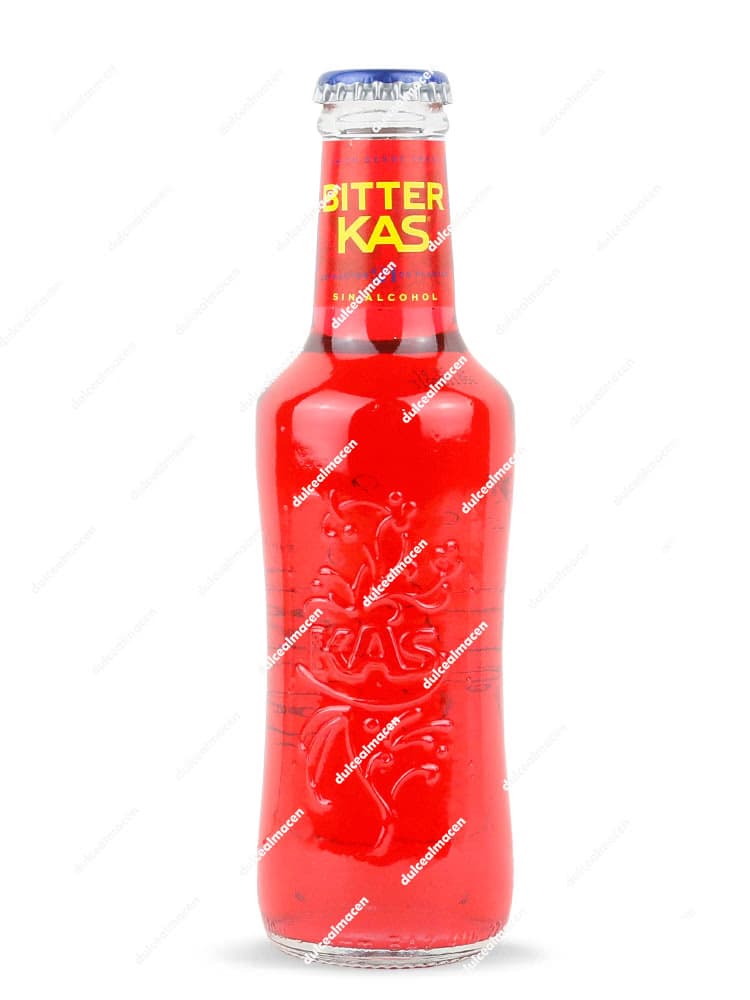 Botella de vidrio de 20 cl de Bitter KAS de color rojo intenso con tapón corona azul y logo amarillo - Dulcealmacen