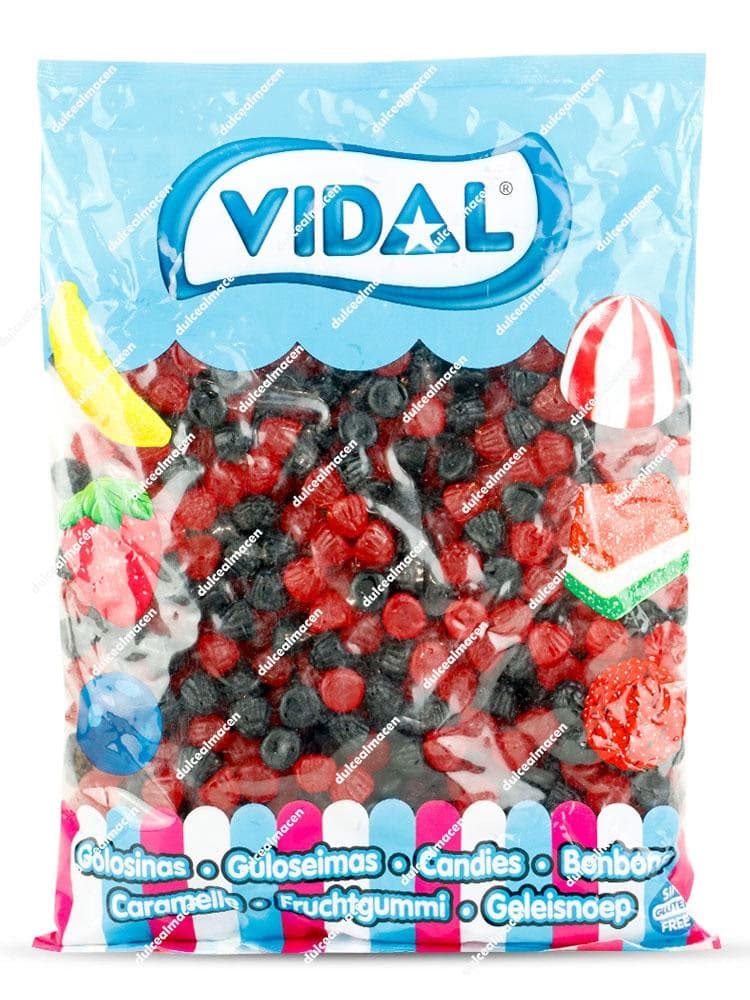 Bolsa de 1 kg de gominolas mini moras brillo rojas y negras de la marca Vidal, producto sin gluten - Dulcealmacen