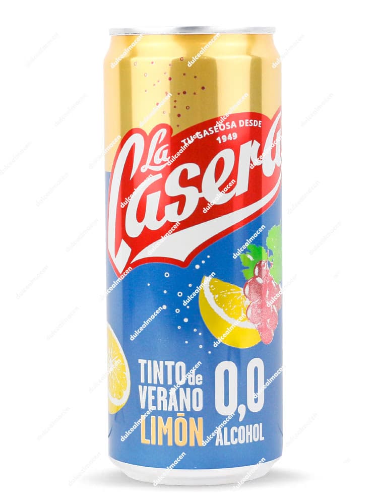 Lata de 33 cl de La Casera Tinto de Verano Limón 0,0 Alcohol con diseño azul y rojo y dibujos de rodajas de limón - Dulcealmacen
