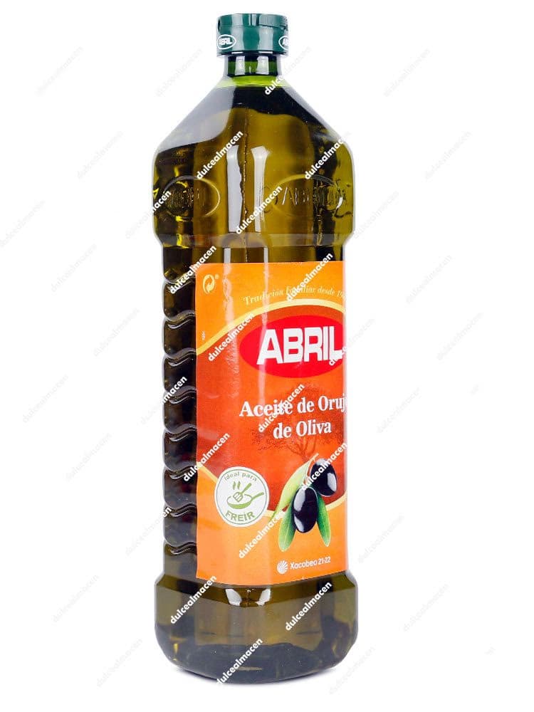 Botella de 1 litro de Aceite de Orujo de Oliva Abril con etiqueta naranja y verde, imagen de aceitunas negras - Dulcealmacen