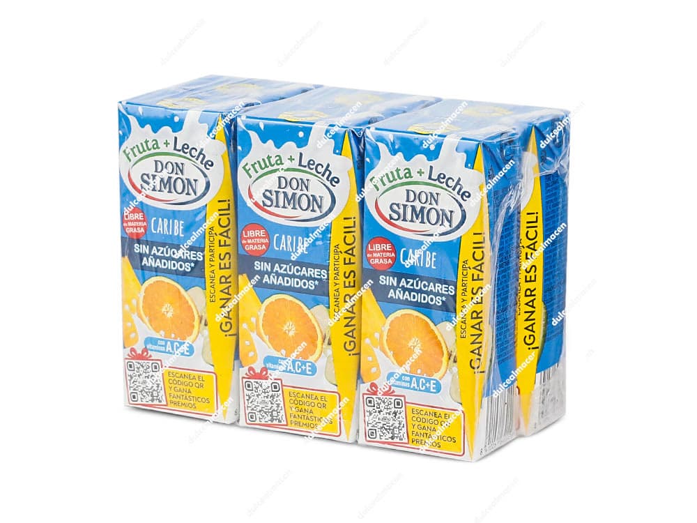 Pack de 6 briks amarillos de 200 ml de Don Simón Zero Caribe con imágenes de frutas tropicales y logo de Don Simón - Dulcealmacen