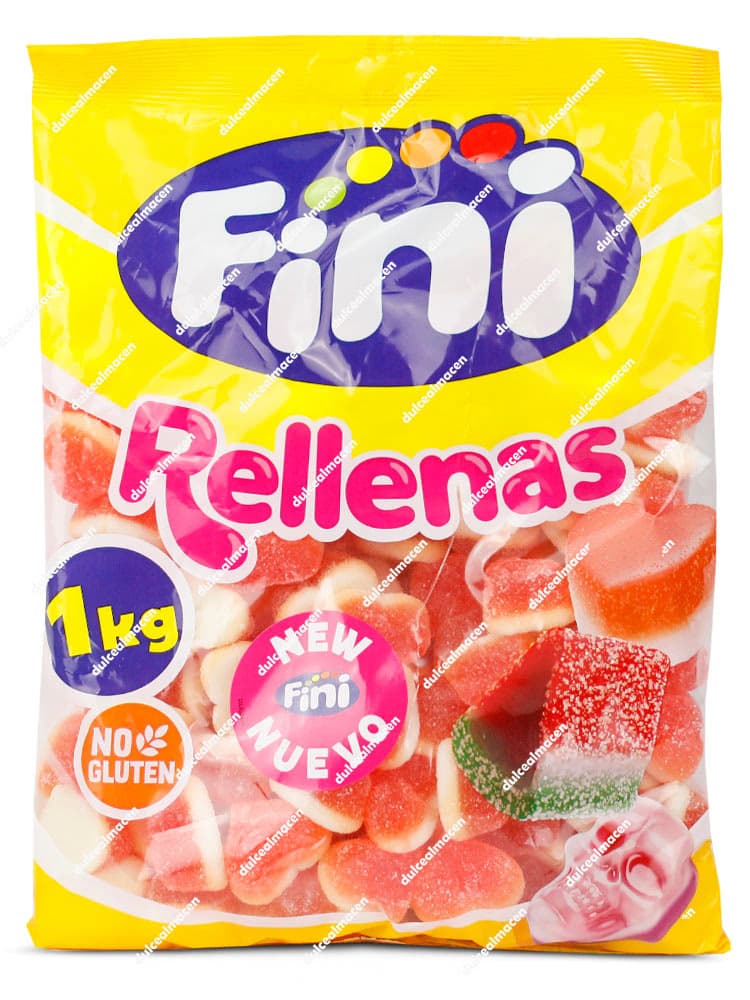 Bolsa de 1 kg de gominolas Fini Rellenas Corazón Melocotón, mostrando chuches bicolor con forma de corazón y sello sin gluten - Dulcealmacen