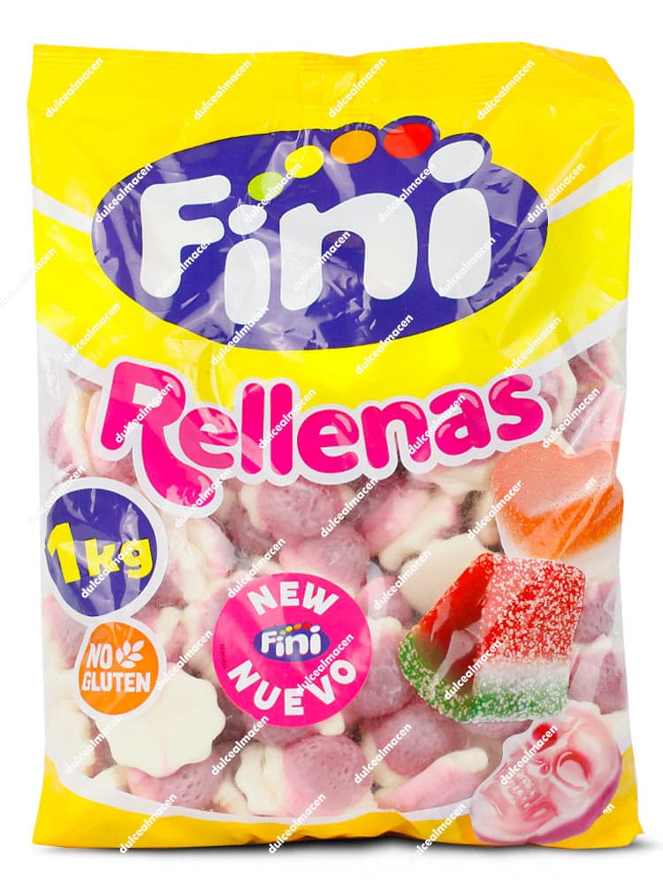 Bolsa de 1 kg de gominolas Fini Rellenas Fresón Nata con sello de sin gluten y visual de la gominola bicolor - Dulcealmacen