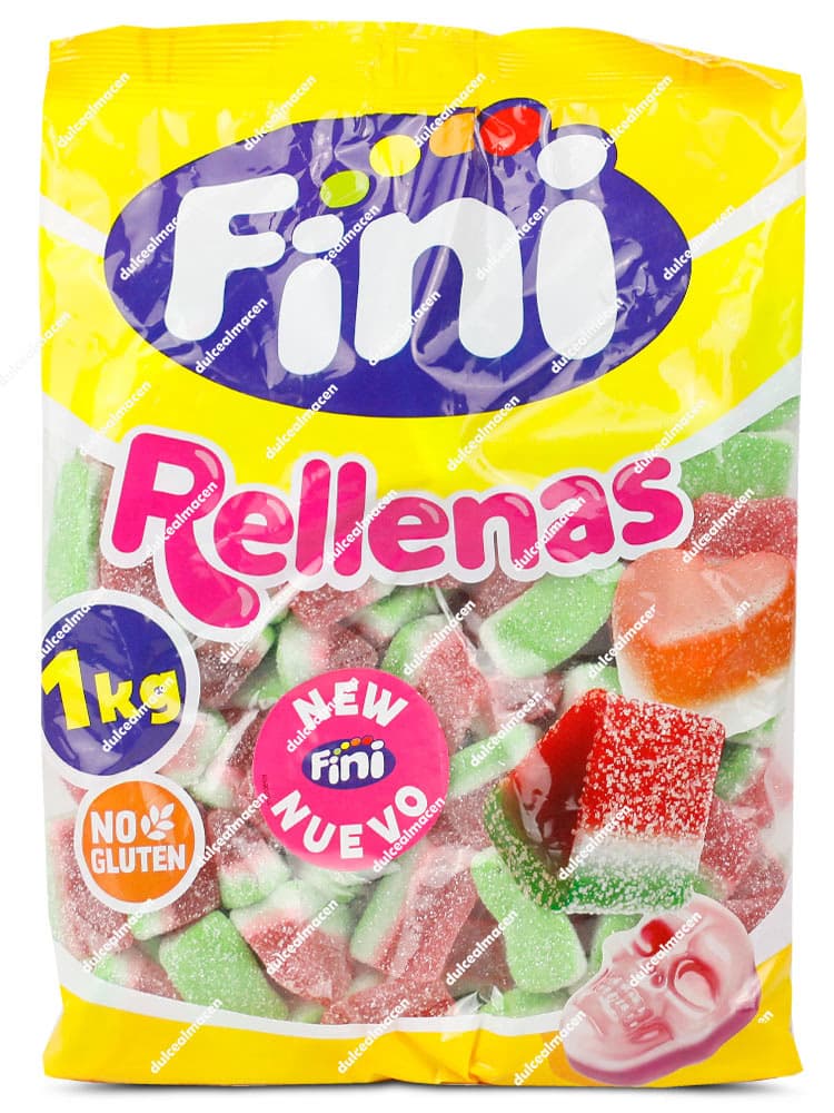 Bolsa amarilla de Fini Rellenas Tajada Sandía de 1 kg mostrando las gominolas con forma de sandía, el sello de "No Gluten" y una tajada partida revelando el relleno líquido - Dulcealmacen