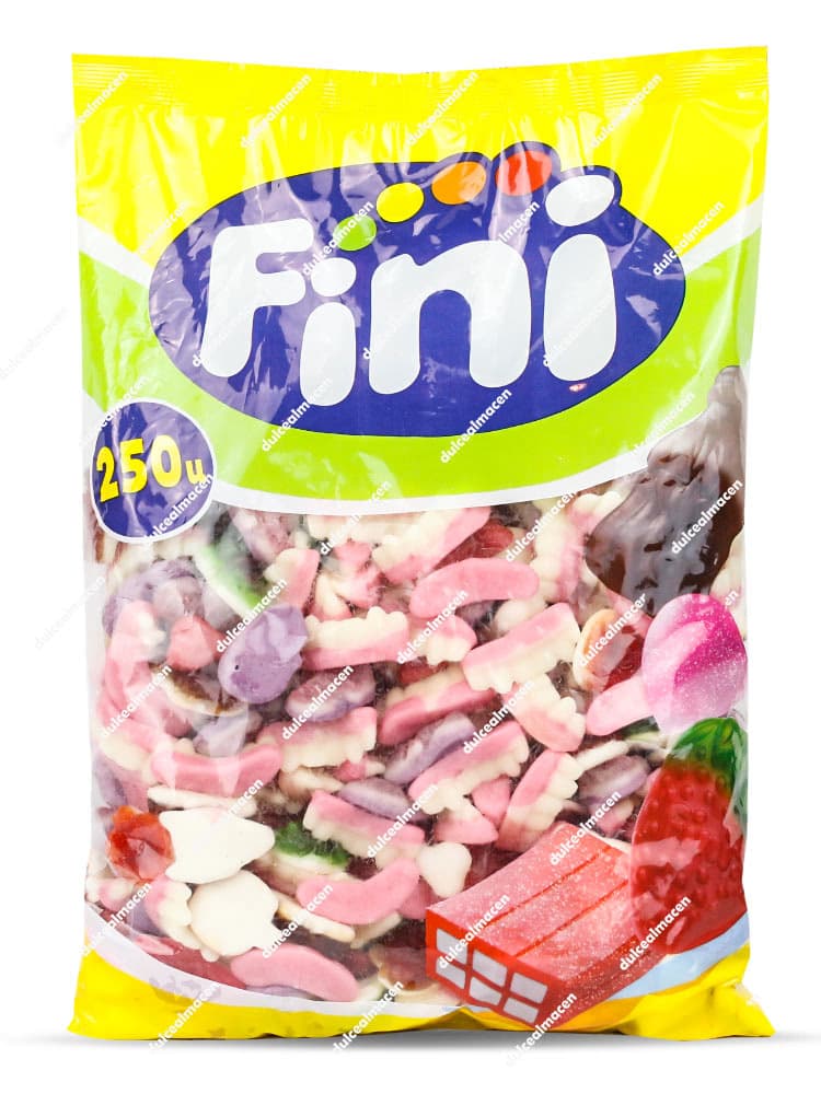 Bolsa de 250 unidades de Fini Surtido Terror mostrando una mezcla variada de gominolas con formas de calaveras, dentaduras y huesos en colores rosa, blanco y lila - Dulcealmacen