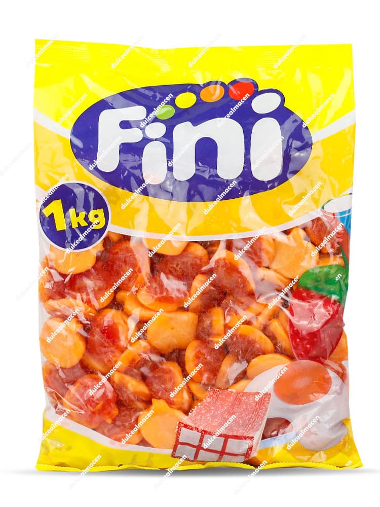 Bolsa de 1 kg de gominolas Fini Rellenas Calabazas, mostrando chuches de color naranja con forma de calabaza - Dulcealmacen