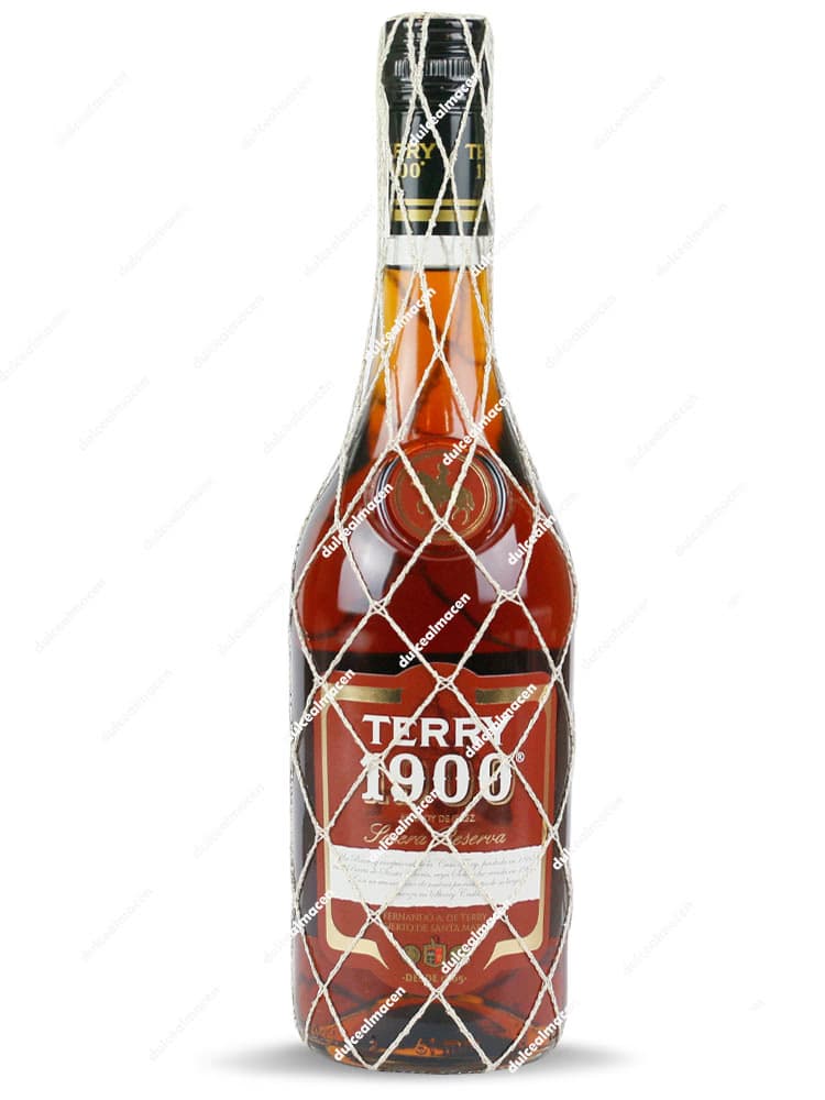 Botella de Brandy Terry 1900 0,70 L envuelta en su clásica red blanca de seda - Dulcealmacen