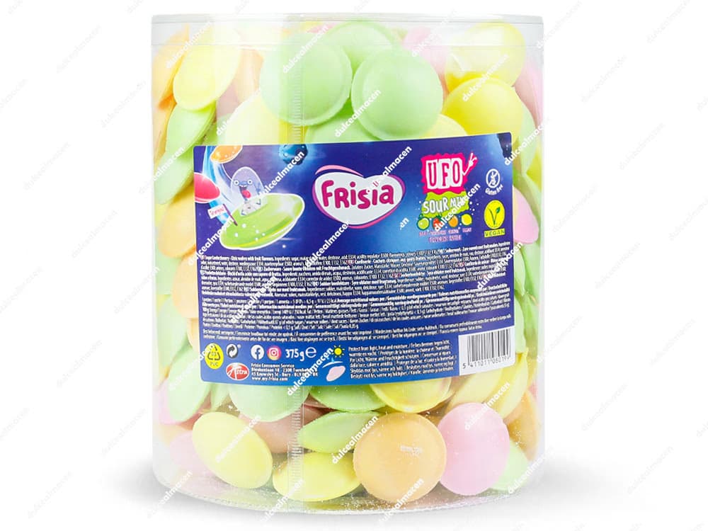 Bote cilíndrico transparente lleno de obleas Frisia Ovnis Pica 300U en tonos pastel con etiqueta azul que destaca su sello vegano y libre de gluten en el archivo image_454de9.jpg - Dulcealmacen