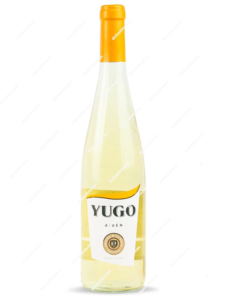 Botella de 75 cl de vino blanco Yugo Airén con etiqueta blanca, detalles amarillos y cápsula dorada sobre fondo blanco en Dulcealmacen