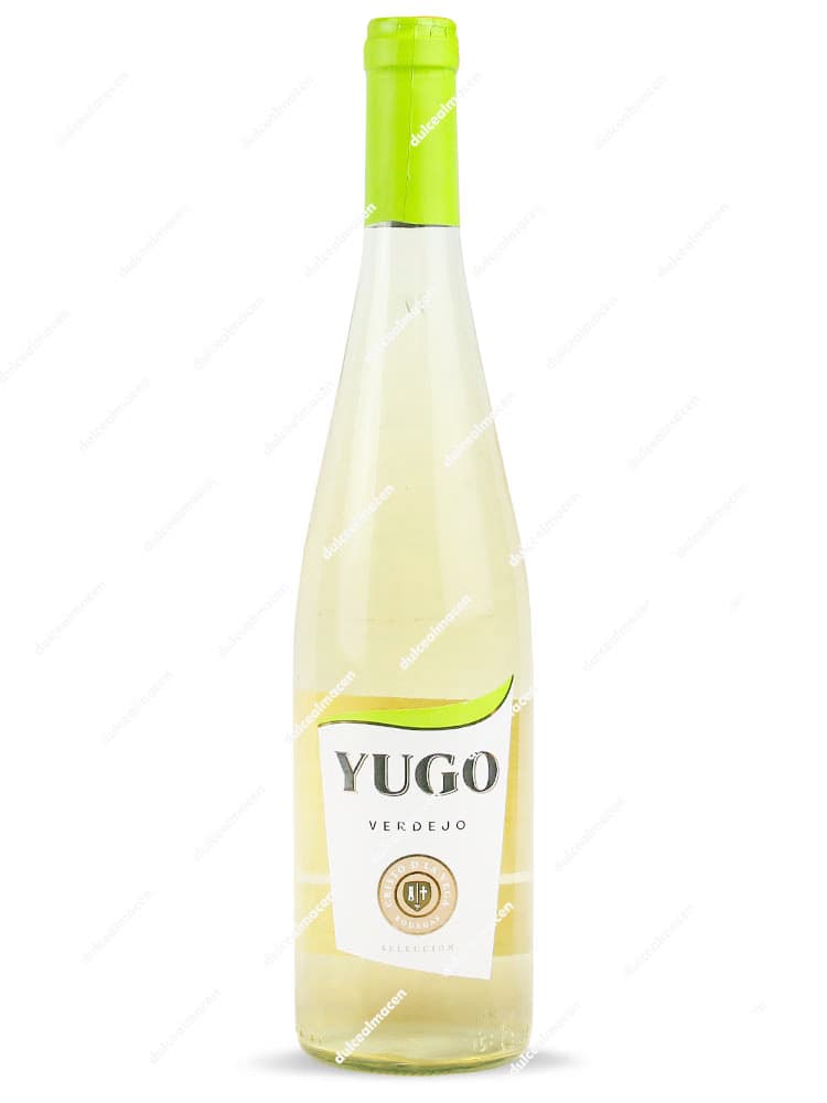 Botella de Vino Blanco Yugo Verdejo 75 cl con etiqueta blanca y verde, indicando su variedad Verdejo - Dulcealmacen