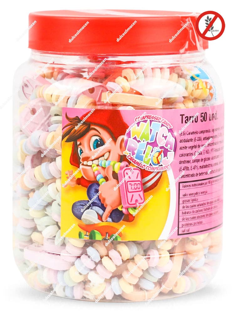 Tarro transparente con 50 unidades de relojes de caramelo comprimido de Juan López con diseño colorido y sello de Sin Gluten - Dulcealmacen