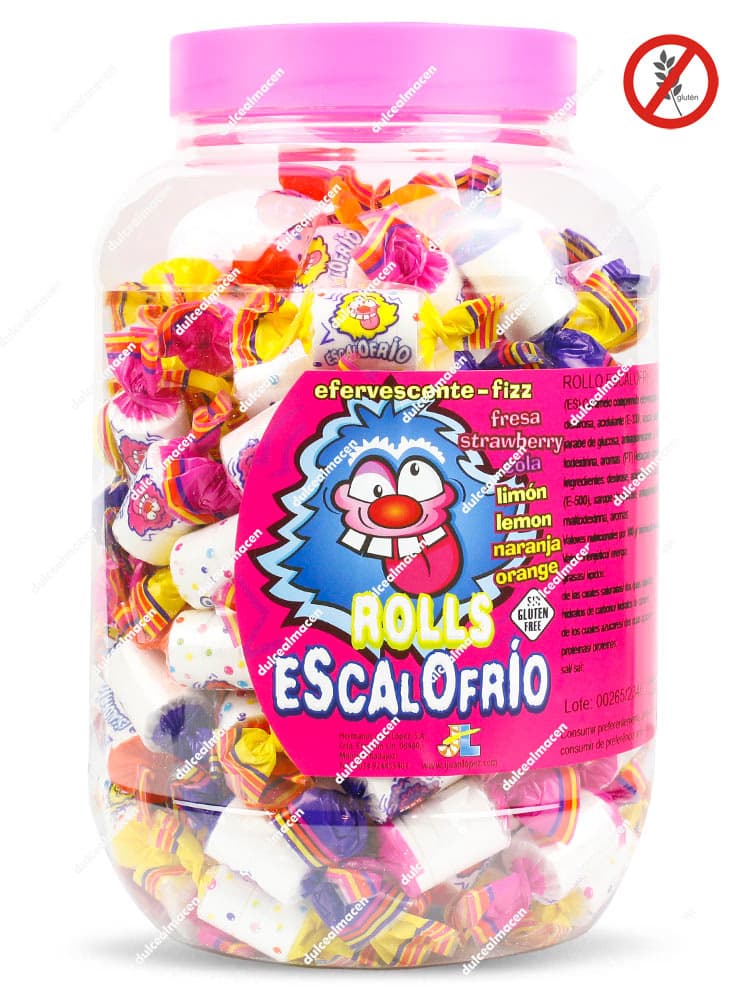 Bote transparente de 150 rollos de caramelos Escalofrio de Juan López con tapa rosa y sello de Sin Gluten - Dulcealmacen