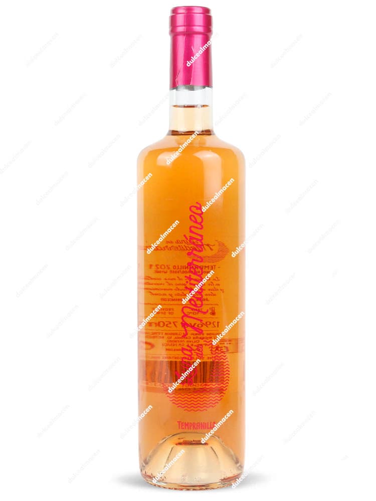 Botella de Vino Rosado Luna del Mediterráneo 75 cl con líquido de color salmón brillante y cápsula de color rosa intenso - Dulcealmacen