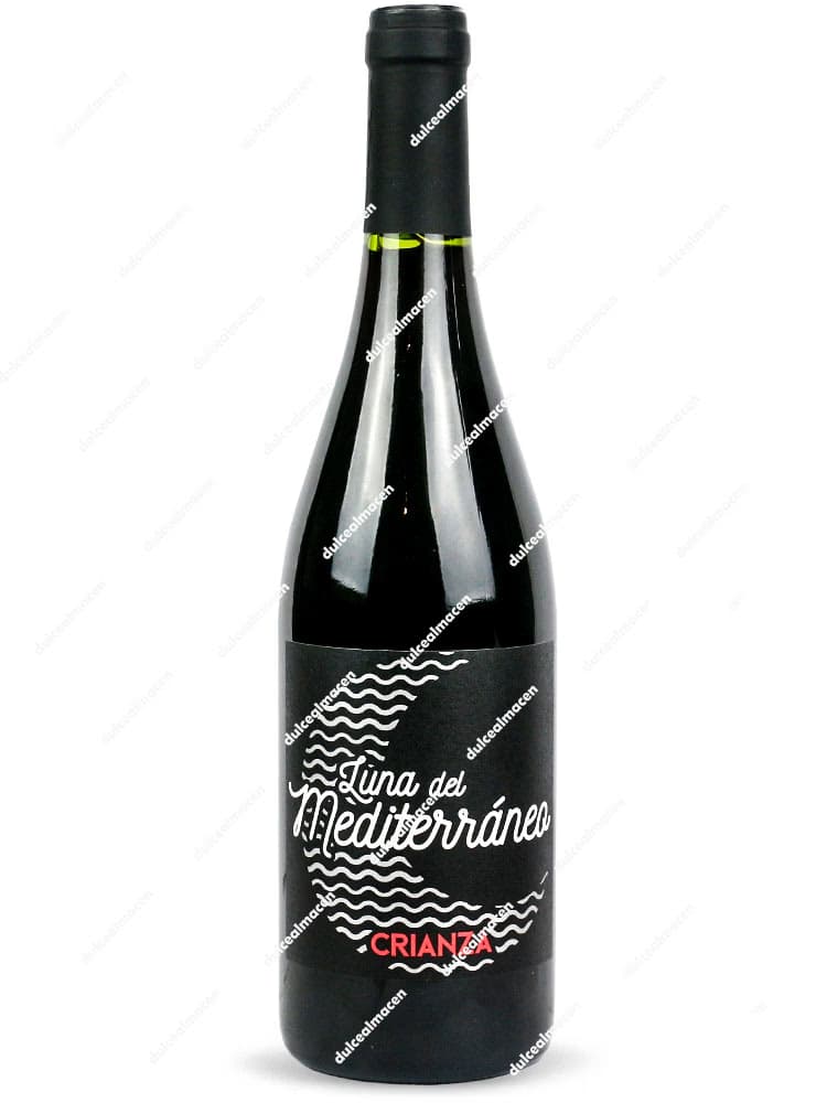 Botella de Vino Tinto Luna del Mediterráneo Crianza 75 cl con etiqueta negra, ilustración de una luna blanca y detalles en rojo - Dulcealmacen