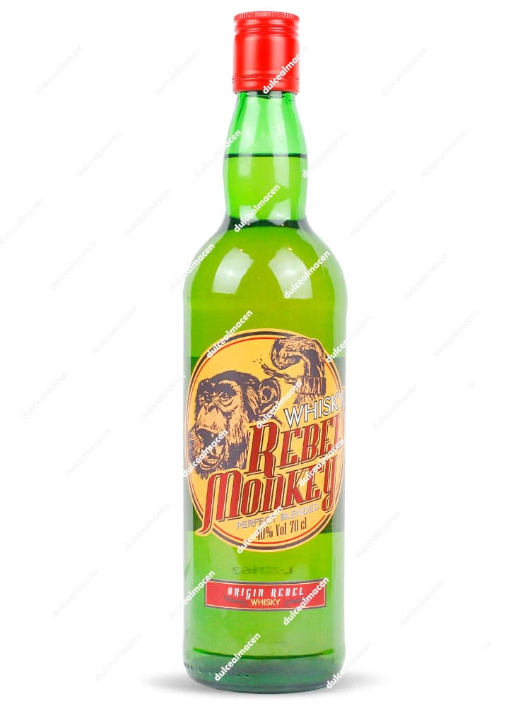 Botella de Whisky Rebel Monkey 0,70 L con etiqueta amarilla de un mono con gafas y gorra - Dulcealmacen