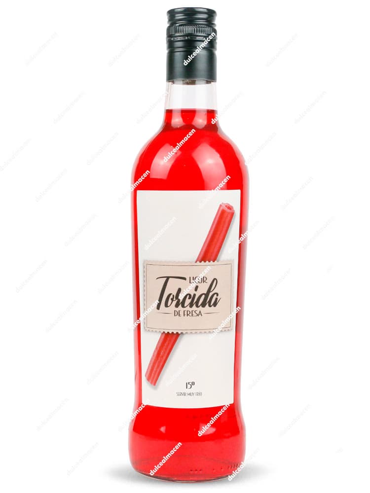 Botella de Licor Torcida de Fresa 0,70 L con etiqueta blanca e ilustración de regaliz rojo - Dulcealmacen