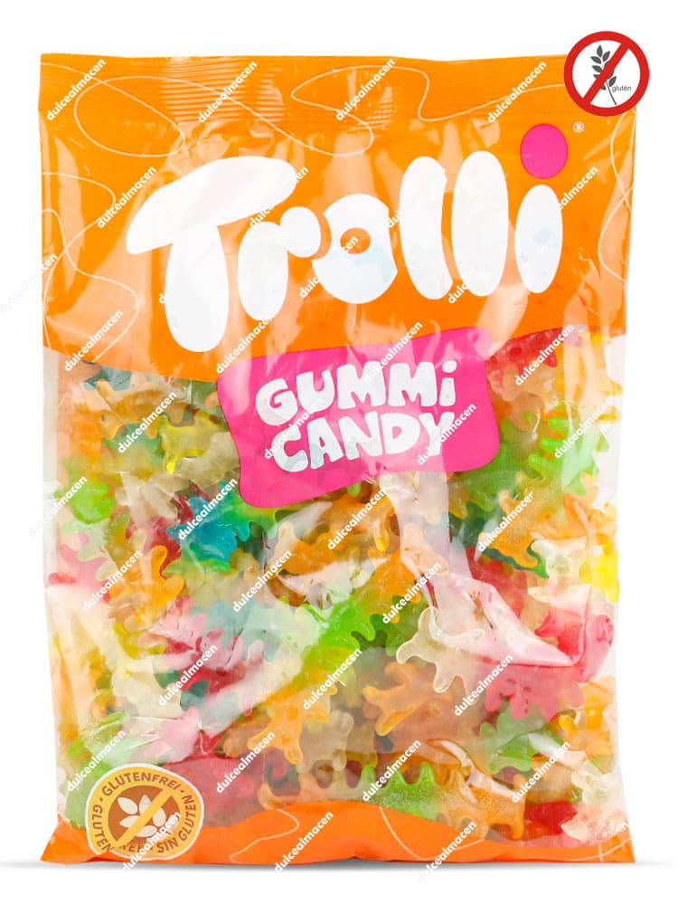 Bolsa naranja de Trolli Ciempiés 1 kg con gominolas multicolor visibles y sellos de Sin Gluten - Dulcealmacen