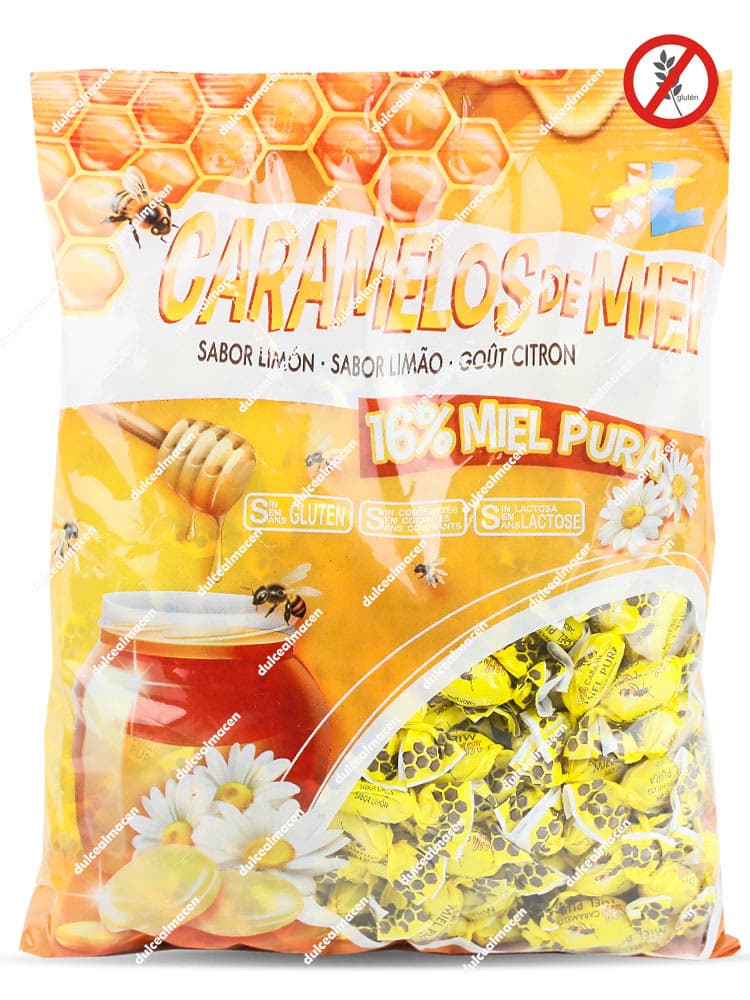 Bolsa de 1 kg de caramelos de miel y limón Juan López mostrando el contenido, el sello de 16% miel pura y los certificados Sin Gluten y Sin Lactosa - Dulcealmacen