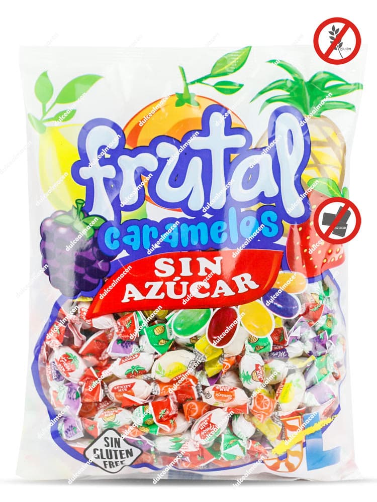 Bolsa de 1 kg de caramelos frutales surtidos Juan López sin azúcar destacando los sellos Sin Azúcar, Sin Gluten y Sin Lactosa - Dulcealmacen