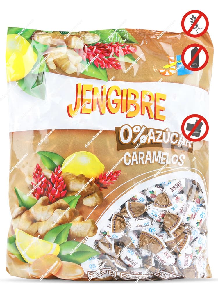 Bolsa de 1 kg de caramelos de jengibre y limón Juan López sin azúcar mostrando los sellos 0% Azúcar, Sin Gluten y Sin Lactosa - Dulcealmacen