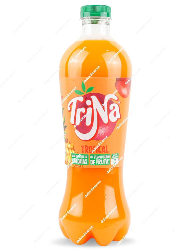 Botella de Trina Tropical 1.5L con líquido de color naranja vibrante y etiqueta con imágenes de frutas tropicales - Dulcealmacen